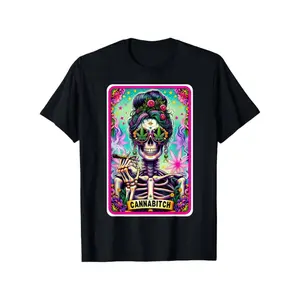 Graphic Tees Unisex Cotton T-Shirt, Cannabitch Skeleton Tarot Card Print Breathable Comfort