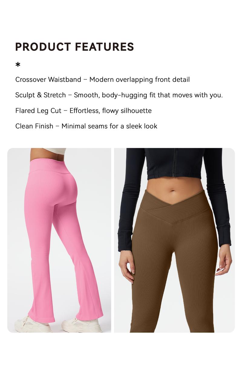 OQQ Women's 2 Piece Flare Pants Ribbed Seamless Workout High Waist and Cross Over Bell Tummy Control Bottoms Basic Comfort Exercise Flare Leggings