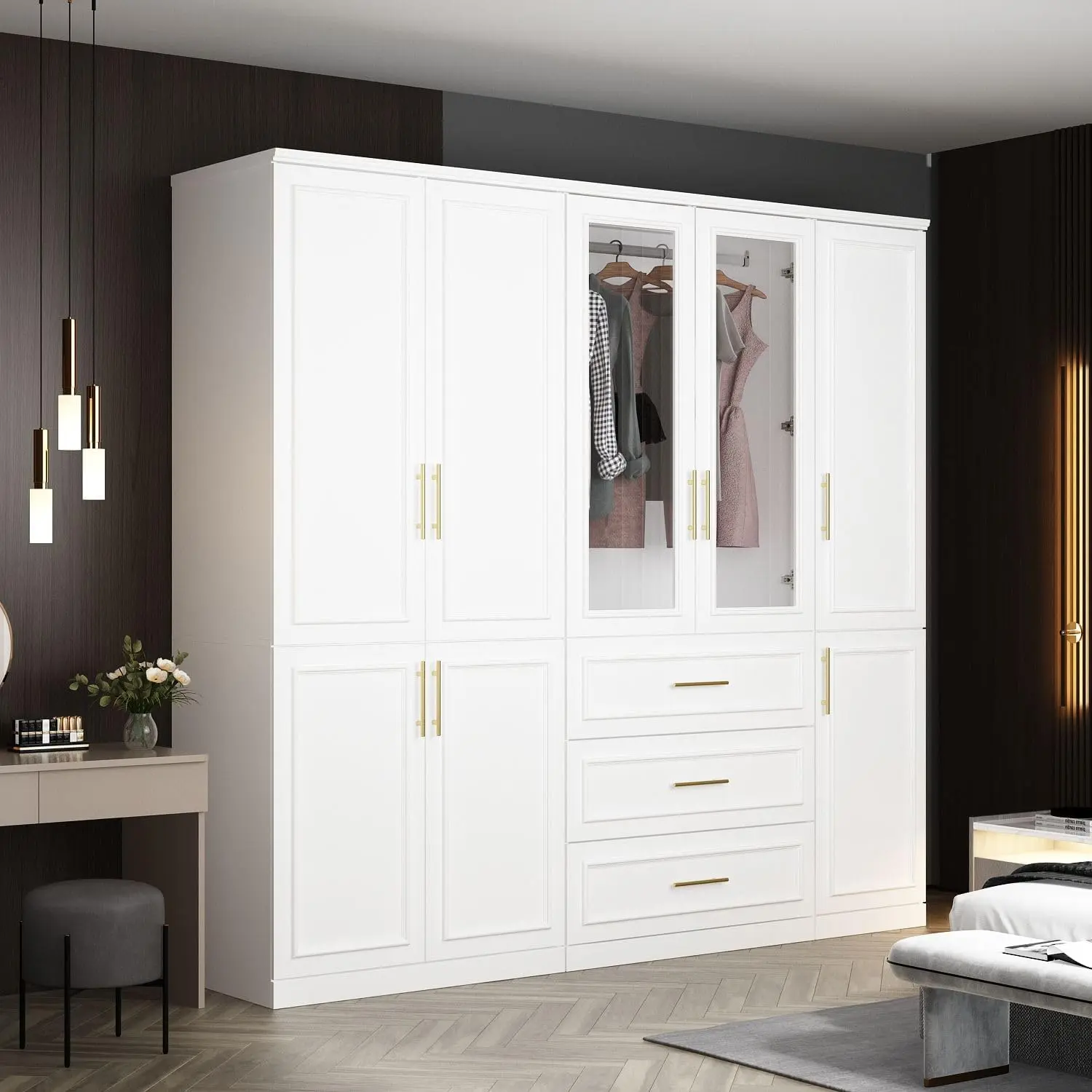 FUFU&GAGA Tall Narrow Large White Wardrobe Cabinet - Storage Furniture with Closet Storage, Drawers, Hanging Rods, Metal Handles, Glass Doors, Assembly Required for Bedroom
