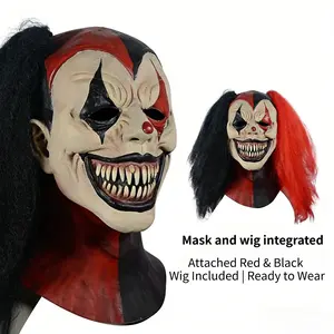 Realistic and terrifying latex mask | Red and black wig integrated | Full head skin prop | Adult Halloween horror role-playing party costume prop prank gift  Halloween   festivity scary clown  cosplay Party Prop  Halloween Mask