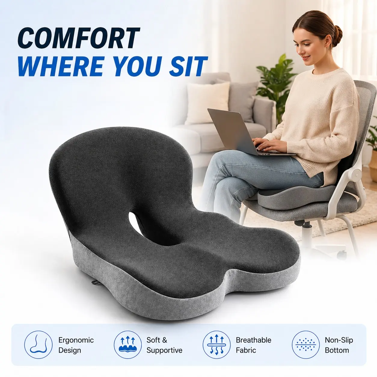 1PC Ergonomic Memory Foam Seat Cushion with Back Support, Breathable Hollow Design, Soft & Supportive for Long Sitting, Ideal for Sofa, Dining Chair, Bedroom, Office Chair & Car Use