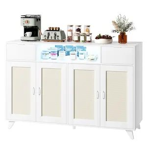 Garvee Rattan Sideboard Buffet Cabinet, 2 Drawers Accent Storage Cabinet, 4 Doors Console Table Coffee Bar With Power Outlet, Adjustable Shelves for Living Room, Dining Room, Hallway, Kitchen (White_4)