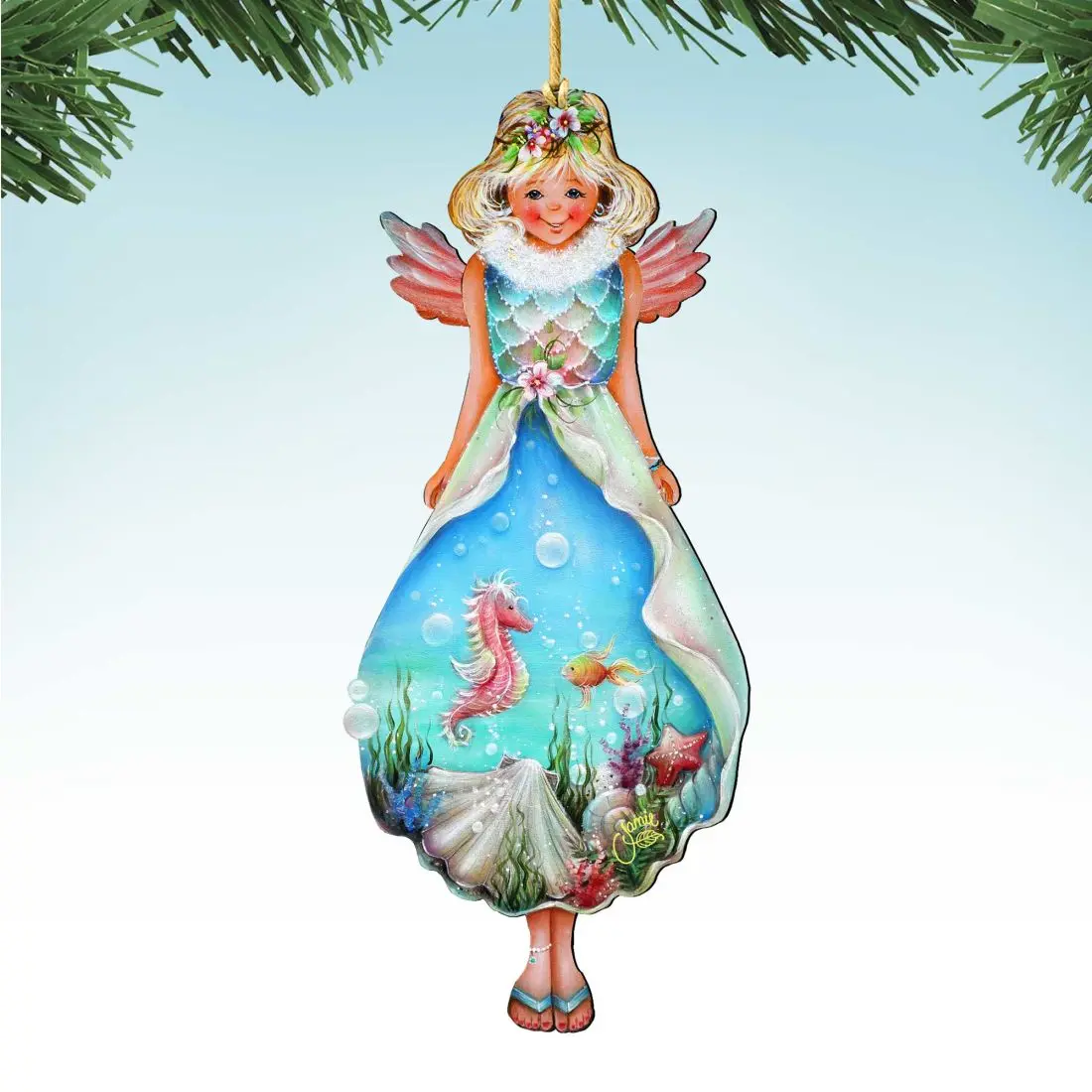 Designocracy 8457901-S2 Artistic Coastal Fairy Wooden Ornaments - 5 x 5.5 in, Set of 2, Holiday Home Decor Gift