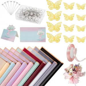 20 Sheets Flower Wrapping Paper Bouquet Wrapping Paper Waterproof with 10 Pcs Greeting cards, 12PCS 3D Gold Butterfly Decor, 50 pearl pins, 24 Yards Satin Ribbon for Wedding DIY Craft Party