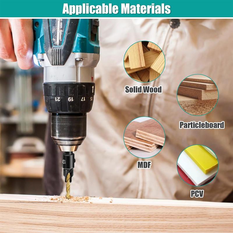 Countersink Drill Bit Set, 5 PCS Counter Sink Drill Bit Adjustable, #5, #6, #8, #10, #12, Used for Wood Countersink Drill Bit with Depth Stop