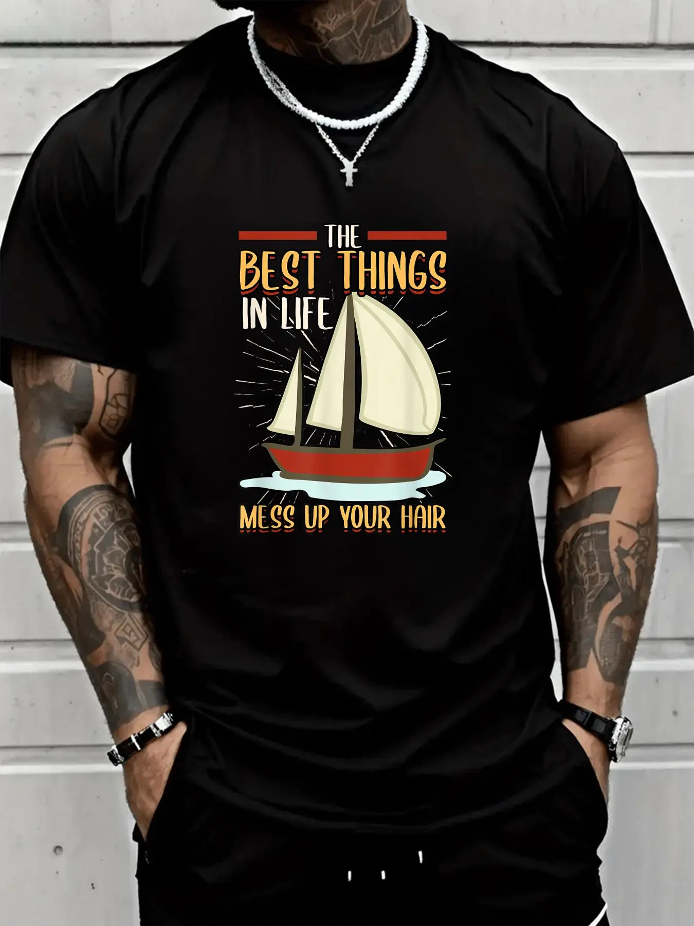 100% Cotton Unisex Pontoon The Best Things In Life Mess Up Your Hair Captain T-Shirt Breathable, Comfortable, Summer & Spring Essential