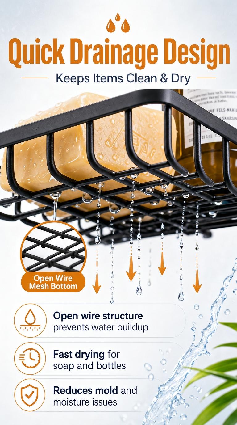 Modern 6-Piece Compact Steel Shower Caddy Rack Set, Stick-On No-Drilling Bathroom Shelves with Soap Holder, Home Bathroom Storage Organizer Essentials Gadgets