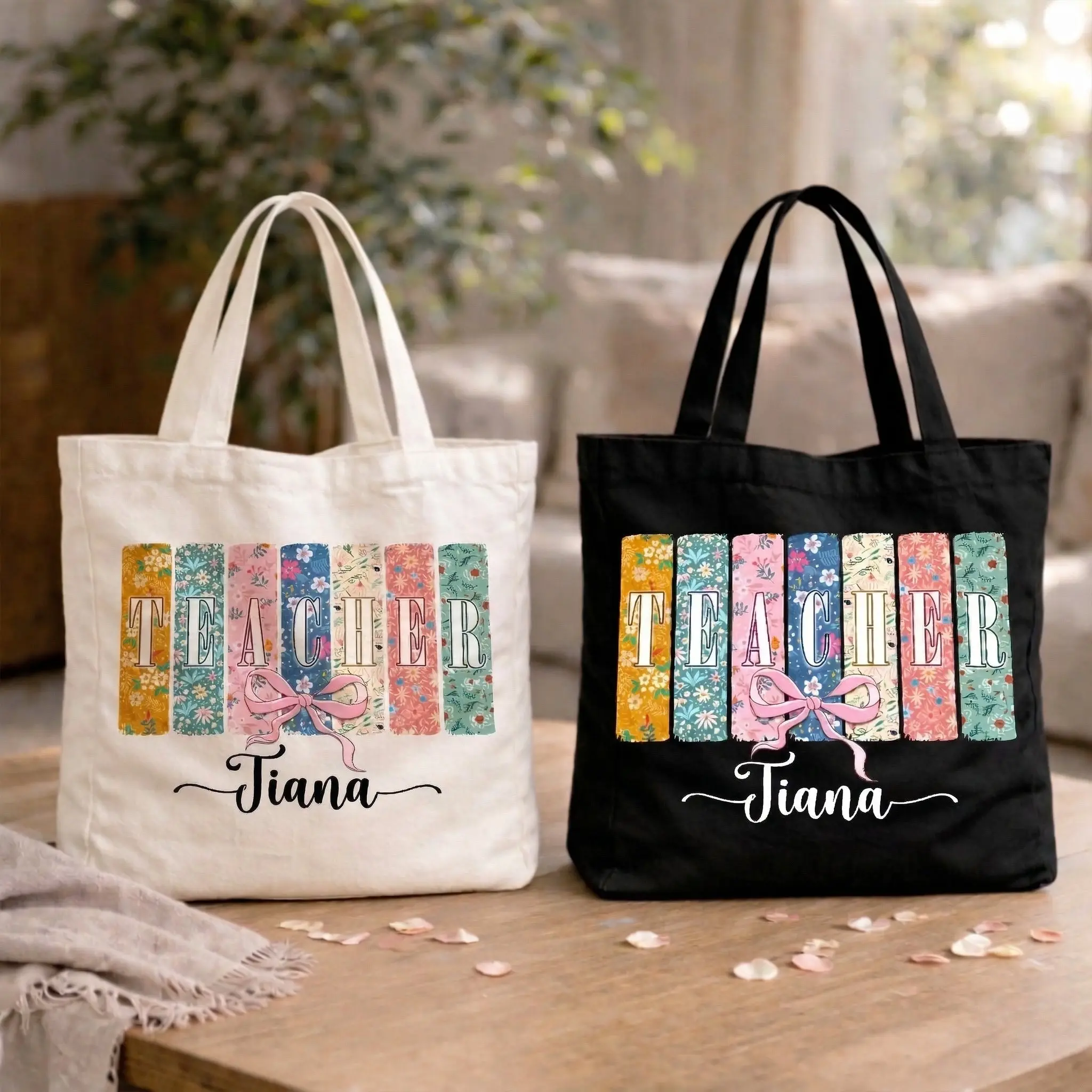 Personalized Floral Teacher 10oz Tote Bag, Custom Teacher Bag, Teacher Gifts,Thank You Teacher Present, Last Day of School,Appreciation Gift