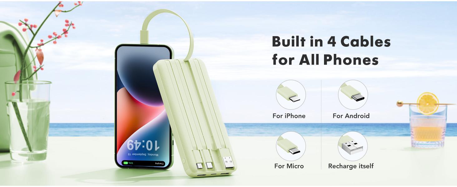 Charmast Ultra-Slim 10000mAh Portable Charger with Built-in Cables 6-Output & 3-Input Fast Charging External Battery Pack Power Bank for Smartphones Tablets USB-C Devices Travel Ready Airline Approved