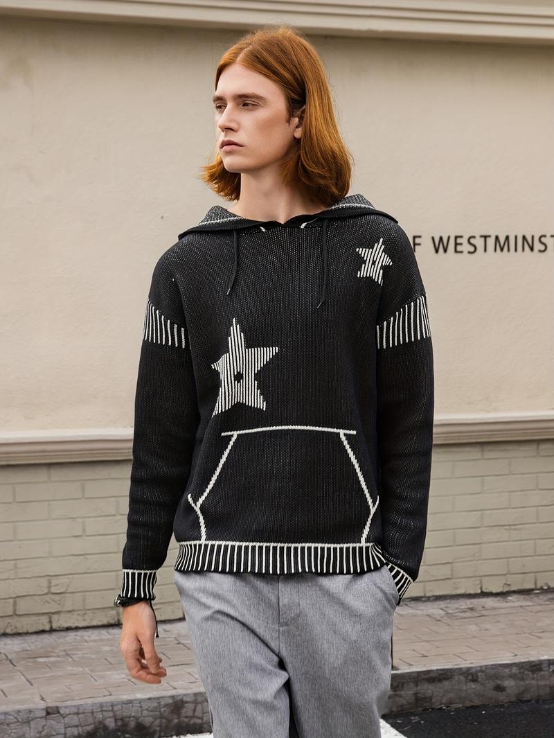 Men's Star Knit Hoodie - Black & White Hooded Sweater, Casual Street Style Fall Knitwear, Long Sleeve Pullover, Classic Menswear Top