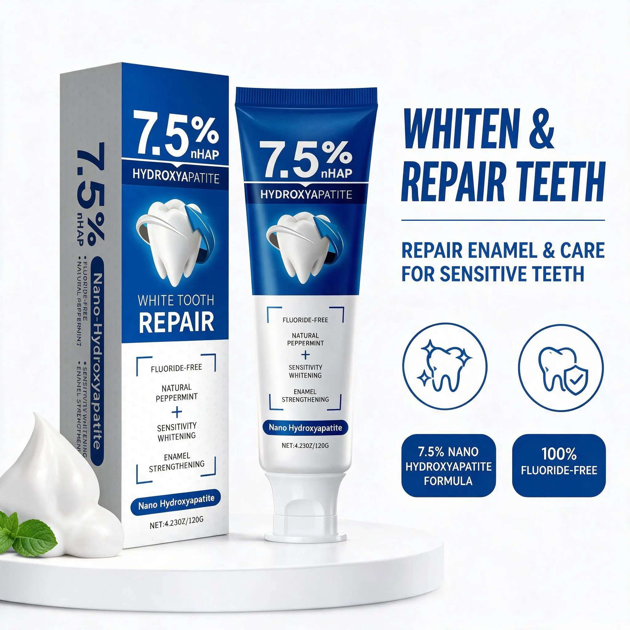 7.5% Nano Hydroxyapatite Toothpaste, Fluoride-Free Whitening Toothpaste for Enamel Care, Gentle Daily Oral Care, Fresh Mint Breath,  Brightening, Cleansing, Bad Breath Freshening, Gentle Daily Oral Care, Sensitive Teeth Support, 4.23 oz