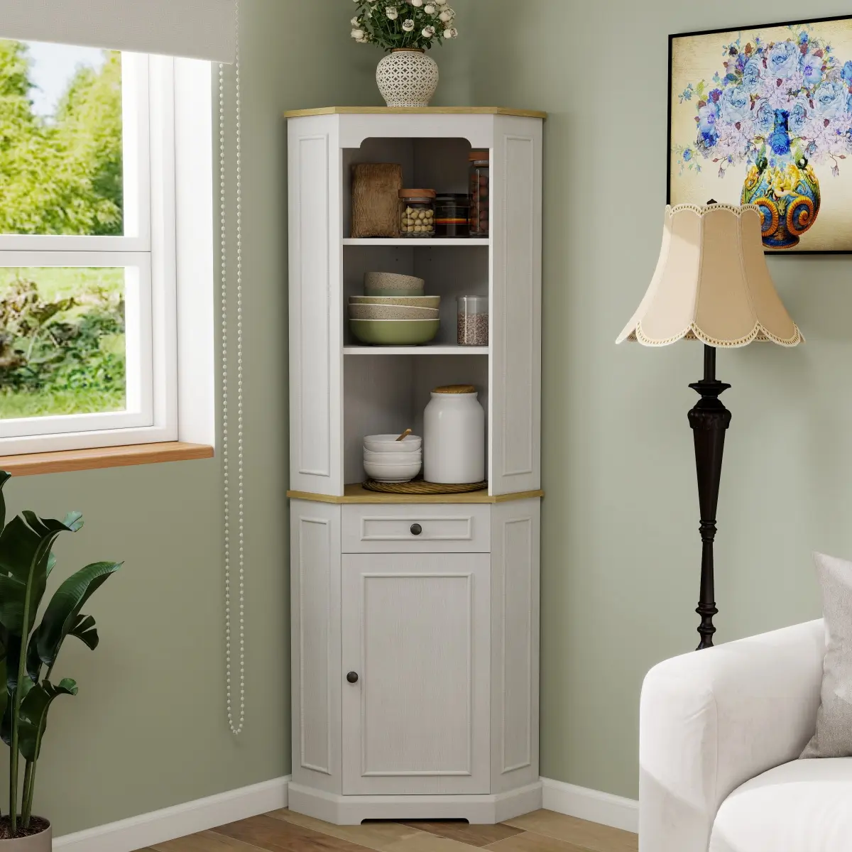 Antique White Fluted Corner Storage Cabinet (17.71x17.71x68.11in) - E1 MDF Triamine Finish Wood-Look Floor Cabinet with Drawer Door, Adjustable Shelf, 90° Right Angle, Anti-Tipping, 90LB Capacity for Home Bathroom, Wood-Look Floor Cabinets