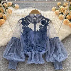 2025 New Women's Artistic 3D Floral Appliqué Sheer Mesh Top Lantern Sleeve Cropped Blouse Breathable Lace Fitted Shirt Spring Summer Date Night Boho Chic Outfits Elegant Cute