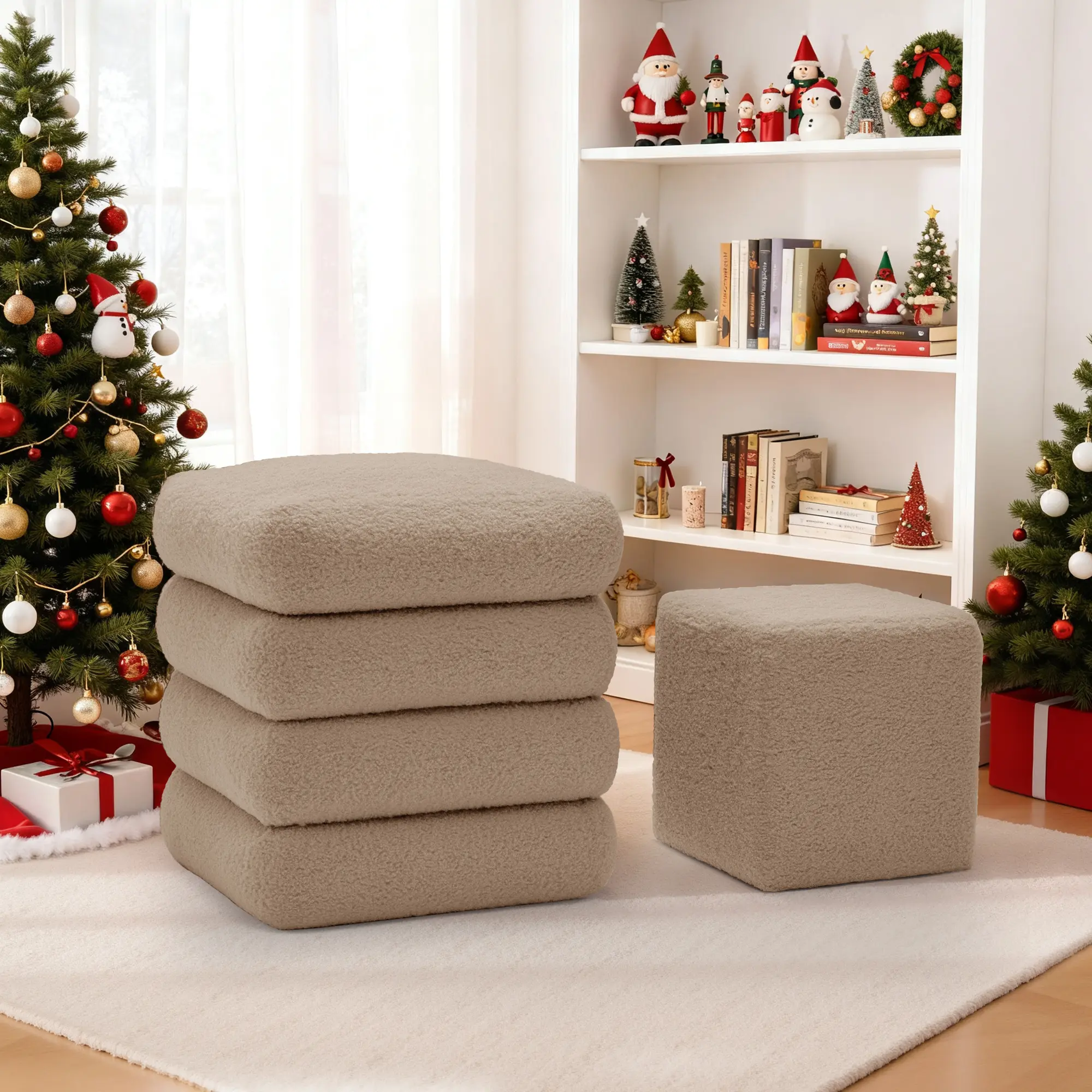 Korser Modern 2-Piece Square Ottoman Set - Teddy Velvet Upholstered, Pre-Assembled Single-Seat Footstools with Flip-Top Storage, Anti-Slip Design, Stable Construction for Living Room, Bedroom (Dual Sizes)