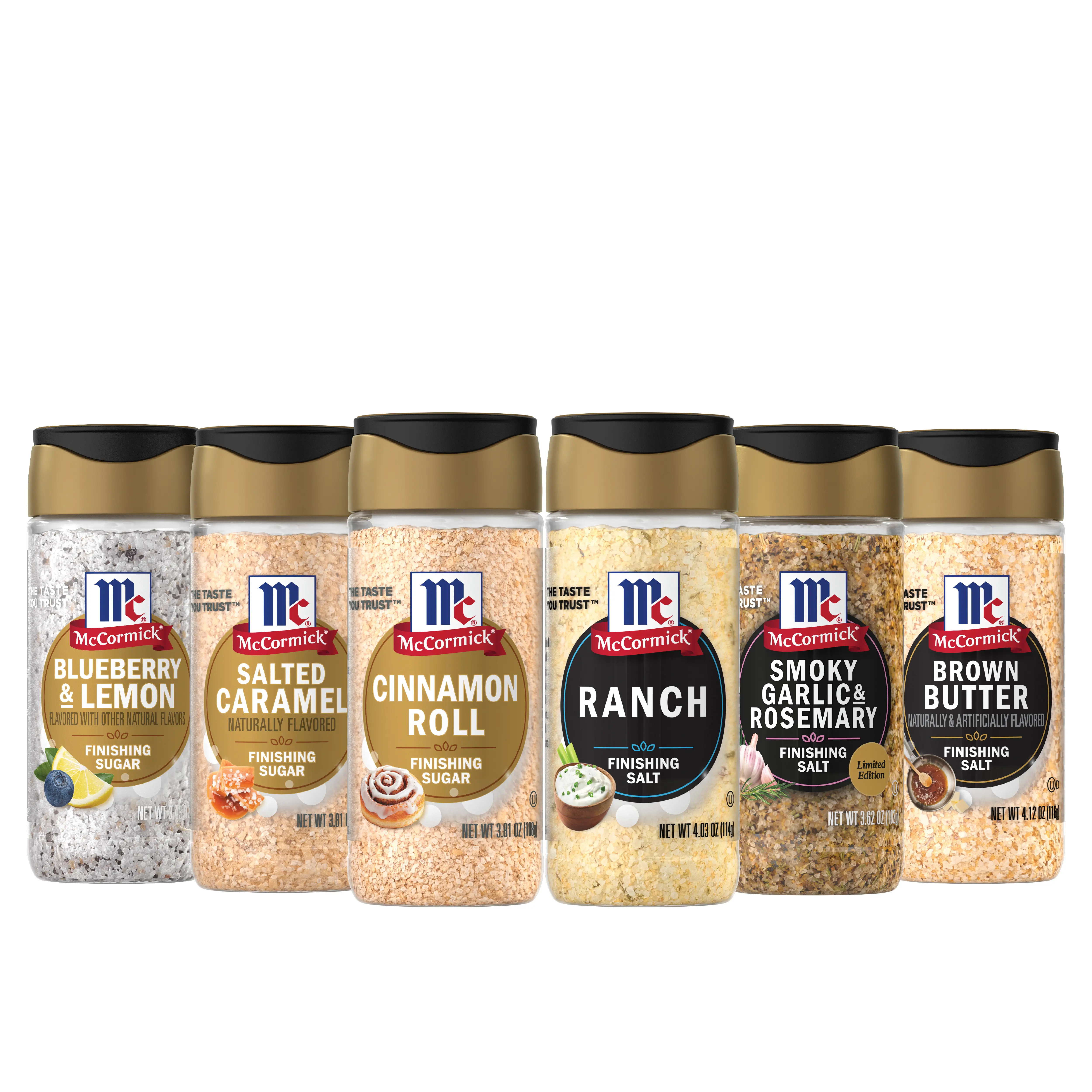 McCormick Finishing Salts & Sugars Fan Favorites Bundle- Finishing Favorites- (Blueberry Lemon, Cinnamon Roll, Salted Caramel, Ranch, Garlic & Rosemary, Brown Butter) Variety Pack