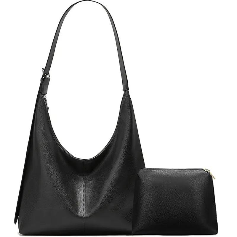 Women's Minimalist Solid Vegan Leather Shoulder Purse - Foldable Work Bag with Cosmetic Bag, Metal Hardware, Crossbody or Carry Option, Accessories for Women, All-Match Handbag for Daily Commuting