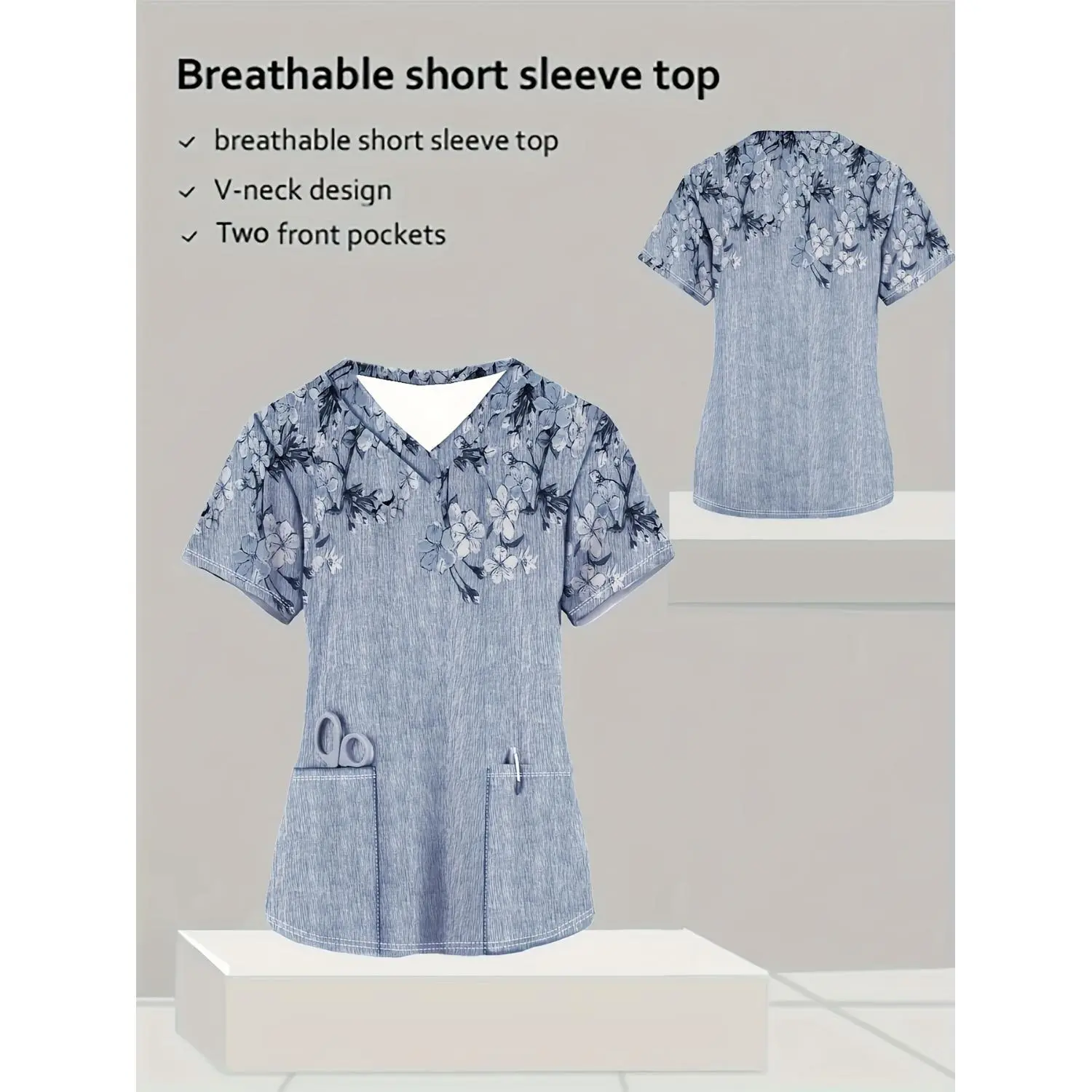 Floral V-Neck Short Sleeve Blouse with Pockets - Lightweight Breathable Polyester Top for Nursing Uniforms and Casual Wear