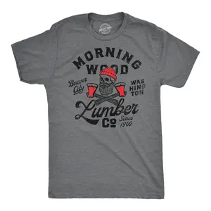 Mens Morning Wood Lumber Company T Shirt Funny Shirt with Adult Humor Innuendo Tee for Guys Mens Funny T Shirts Cool Vintage Fashion T-Shirt Gift Classic Menswear Funny Adult Humor Short Sleeve Novelty Tees for Dark Grey