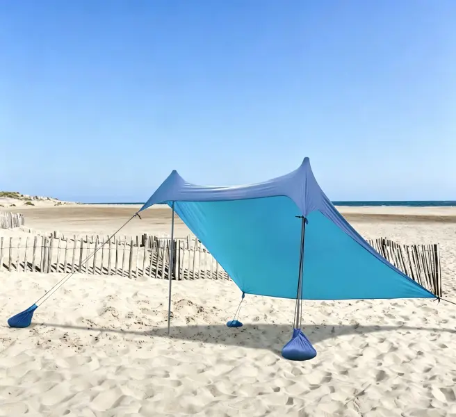 7x7 ft Lightweight Sturdy Adjustable Polyester-Nylon Beach Canopy Shade, Portable Waterproof Water-Resist Cover Outdoor Home Supply with Sandbags & Poles for Camping, Backyard (Fits 3-4 People)