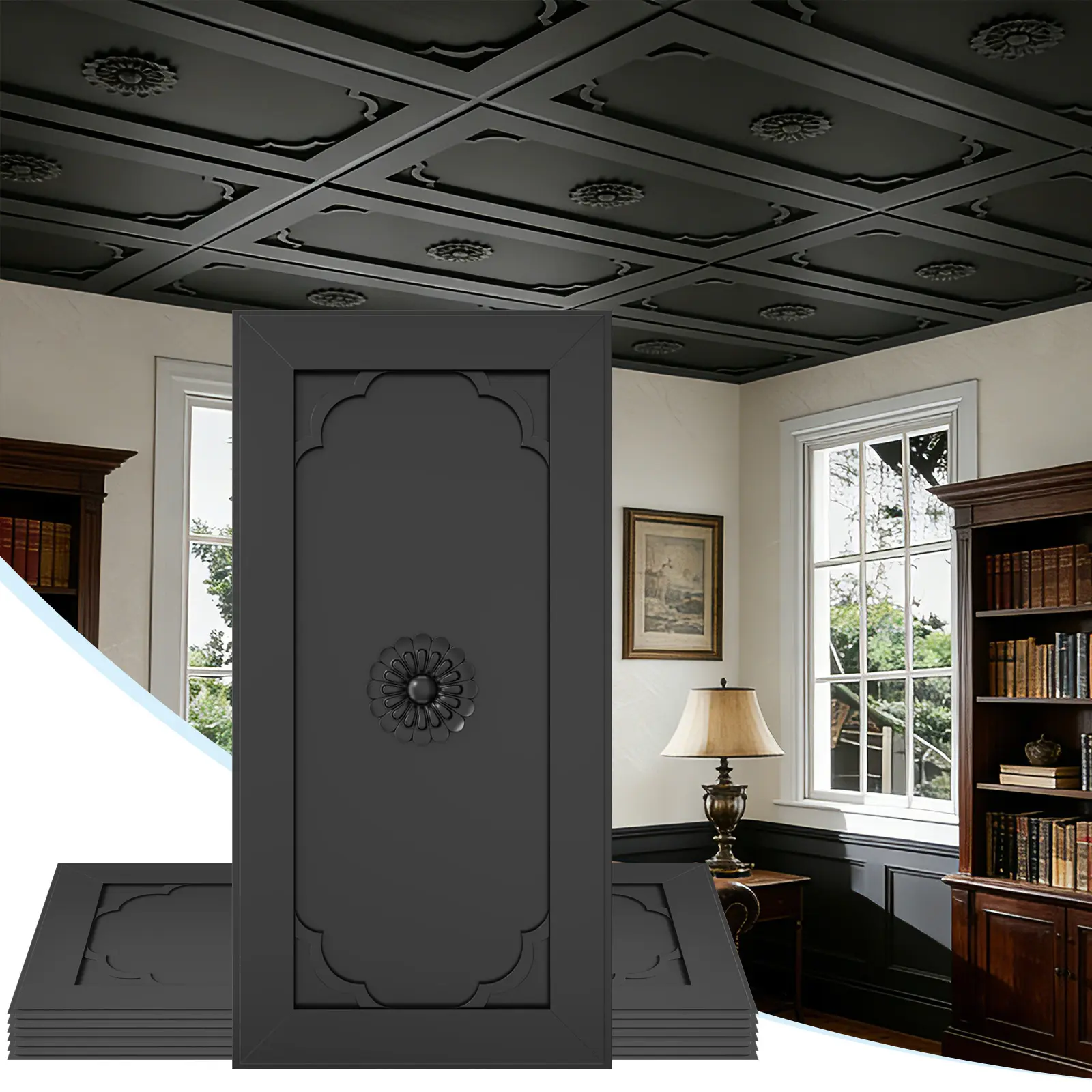 LOOYEE 24 PCS 2x4 FT Black Floral Diamond Grid Decorative PVC Waterproof Ceiling Tiles, 24x48 in Cuttable Panels with 3D Modern Minimalist Designs, Boxed Pack for Living Room, Restaurants (Covers 192 Sq.Ft, Commercial Indoor Use), Basements