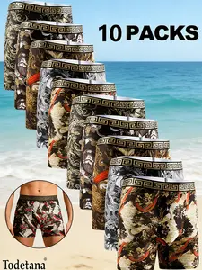 10-piece Men's All Over Print Boxer Briefs, Regular Fit Casual Comfy Breathable Underclothes, Men's Underwear for All Seasons, Boxer Briefs Set