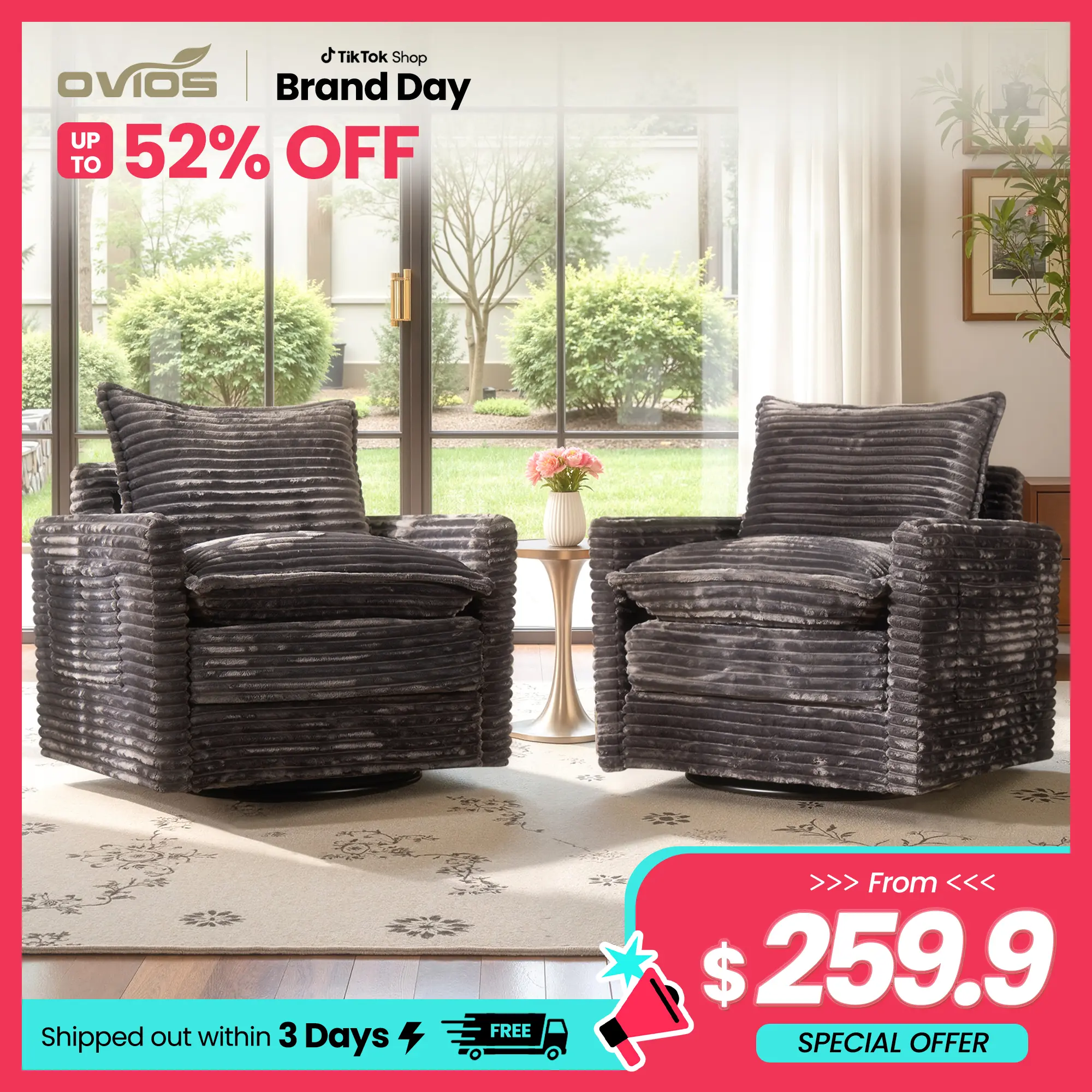 【Summerfinds】Ovios 33" W Cloud Plush Corduroy Rocking Chair with Ottoman, Swivel Nursing Glider Chair with Side Pockets, Extra-Wide Seat with Thick Cushion, 400 lb Capacity, Easy Assembly, 2 Pcs