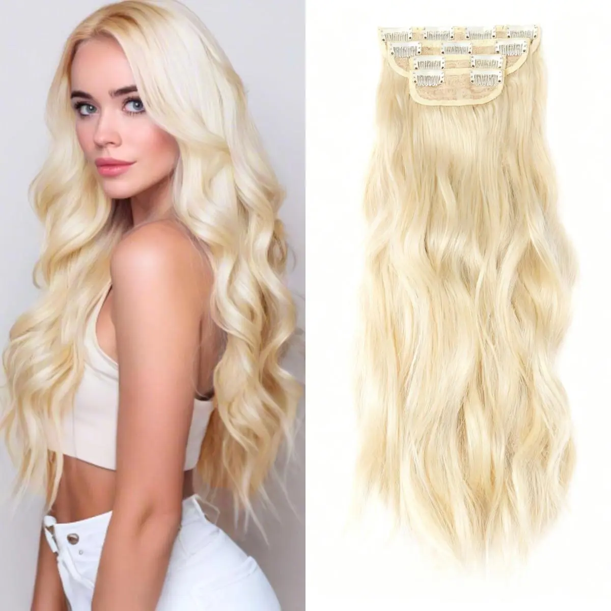 Clip Hair Extensions for Women, 4PCS 20-Inch Platinum Blonde Synthetic Water Wave Thick Double Weft Hairpieces, Natural Look Daily Use Clip-In Hair Extensions, Wavy Texture