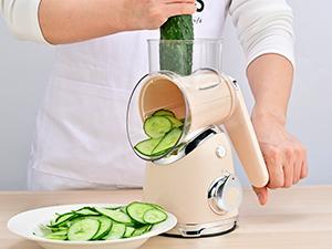 SUSTEAS Rotary Cheese Grater with 6 Replaceable Blades, BPA Free, Easy to Clean & Disassemble, Beige Vegetable Slicer Kitchen Utensils Stainless Steel Food Shredder Tool