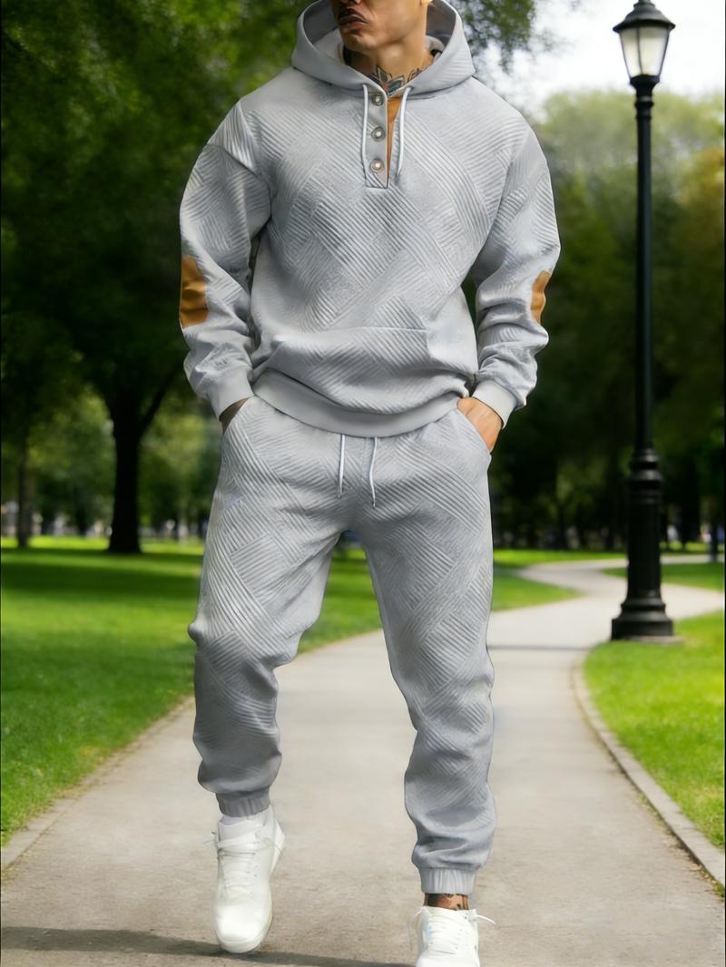 Men's two-piece textured hoodie tracksuit with a geometric pattern sweatshirt and contrasting elbow patches, casual street style, soft and comfortable 2026 fashion loungewear