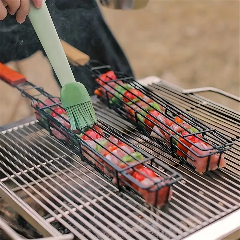 4pcs Portable Nonstick BBQ Grilling Basket For Outdoor Camping And Picnics - Perfect For Roasting Meat And Cooking On Charcoal Grill - Includes Grill Tools And Accessories