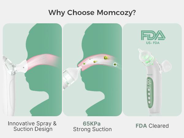 Momcozy BreezyClear 2-in-1 Electric Nasal Aspirator with Spray, Nasal Aspirator for Baby, 65kPa Nose Sucker with 4 Adjustable Suction Levels,Portable Electric Nose Cleaner,Light & Music Soothing