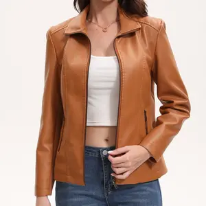 Women's Classic Slim Fit PU Leather Biker Jacket, Faux Leather Shacket Jacket Women Streetwear chic outerwear Plus Sizes Camel Red S-2XL