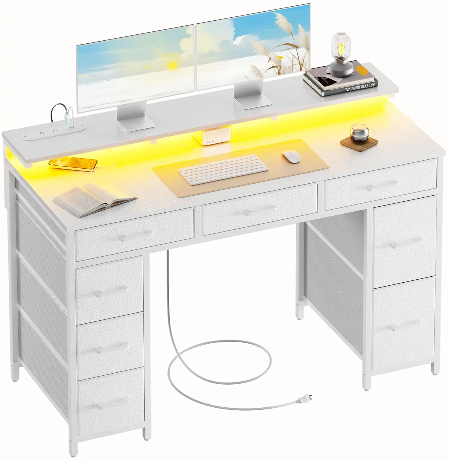 Ecofurnix,47 inch Computer Desk with 8 Storage Drawers, Gaming Desk with LED Lights & USB Power Outlets, Home Office Table with Monitor Stand, Study Writing Work Table for Bedroom Thicker Desktop Oval  Table Wood Workstation summerwins