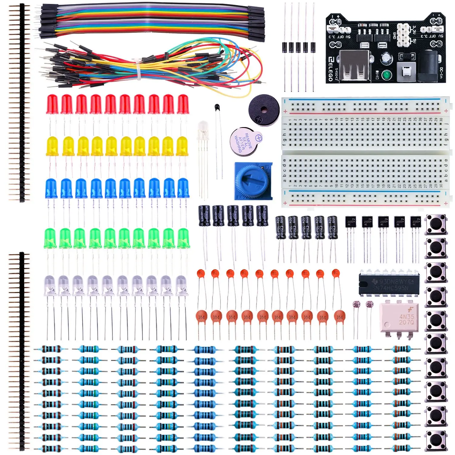 ELEGOO Arduino Microcontroller Project Electronic Fun Kit Bundle - 235 Precision Parts (Over 200pcs, Breadboard, F-M Jumper Wire, Resistors, Capacitors, LEDs, Potentiometers, Power Supply Module) for Beginners, Single Board Computer Accessory
