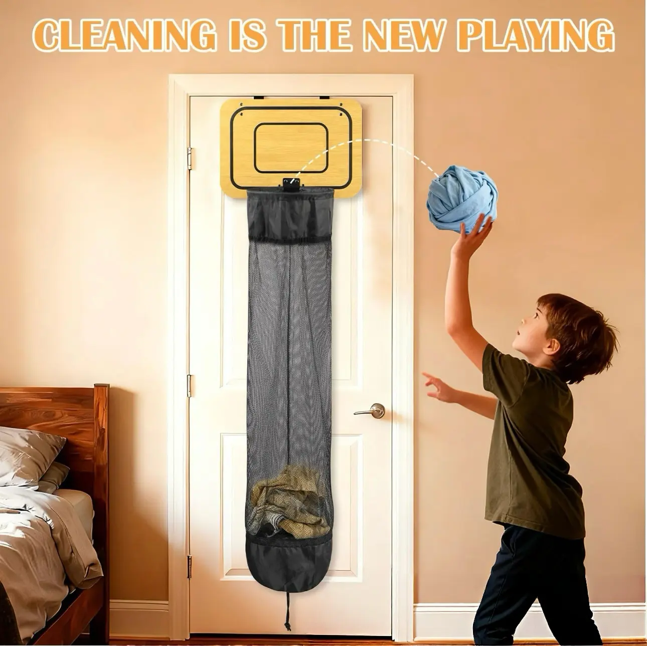 2 In 1 Over The Door Basketball Hoop Laundry Hamper Wall Mount Fun Dirty Clothes Storage Basket for Teen Boys Bedroom, Hanging Mesh Laundry Bag with Acrylic/Wood Backboard