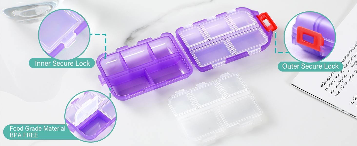 Travel Pill Organizer Box with 146 Labels, 10 Compartment Small Pill Case Medicine Kit, Portable Pocket Purse Pharmacy, Daily Weekly Vitamin Supplement Medication Holder