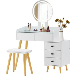 Modern LED Dressing Table with Glass Top and Extendable Side Table Modern LED Dressing Table with Glass Top and Extendable Side Table