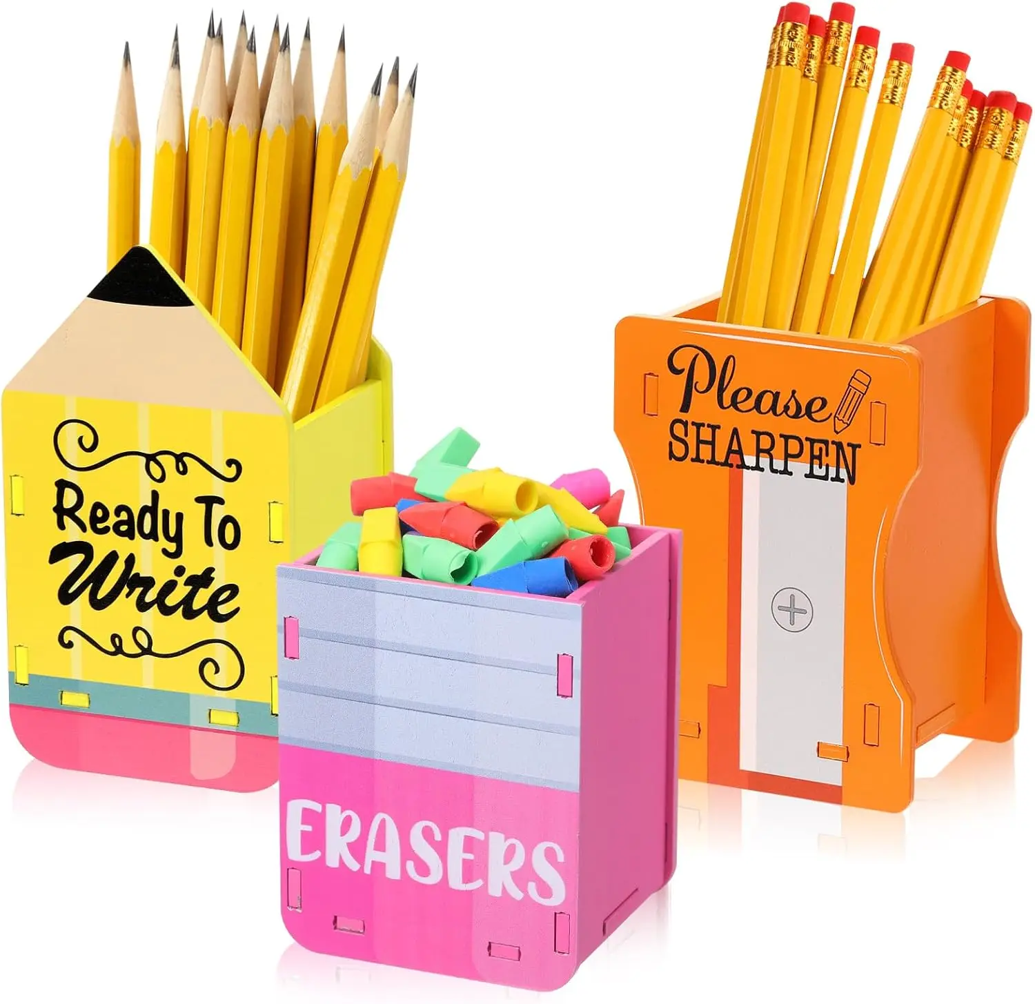 3 Pcs Back to School Pencil Holder Sharp and Dull Pencil Dispenser (3.1 × 5.5 inch), Teacher Gifts for Meet the Teacher Night, Open House, Classroom Supplies Must-Haves, Wooden Eraser Holder Pen Cup, Teacher Desk Decor & Student Management Organizer