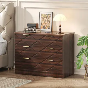 Kepptory Luxury 3‑Drawer Nightstand with Diamond Carved Pattern & Wave Fluted Bottom – Modern Bedside Table, Gold Handles, Waterproof & Scratch‑Resistant, Large Storage