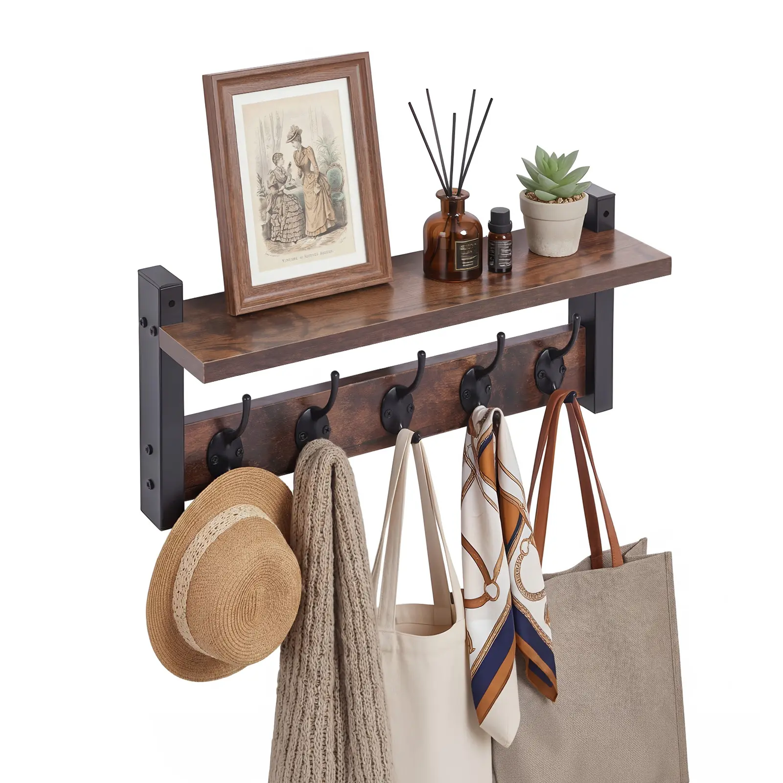 Rustic Wooden Wall-Mount Key Holder with Shelf - 5-Hook Home Decor Shelves, Entryway Storage Rack for Keys, Towel & Accessories, Space Saver
