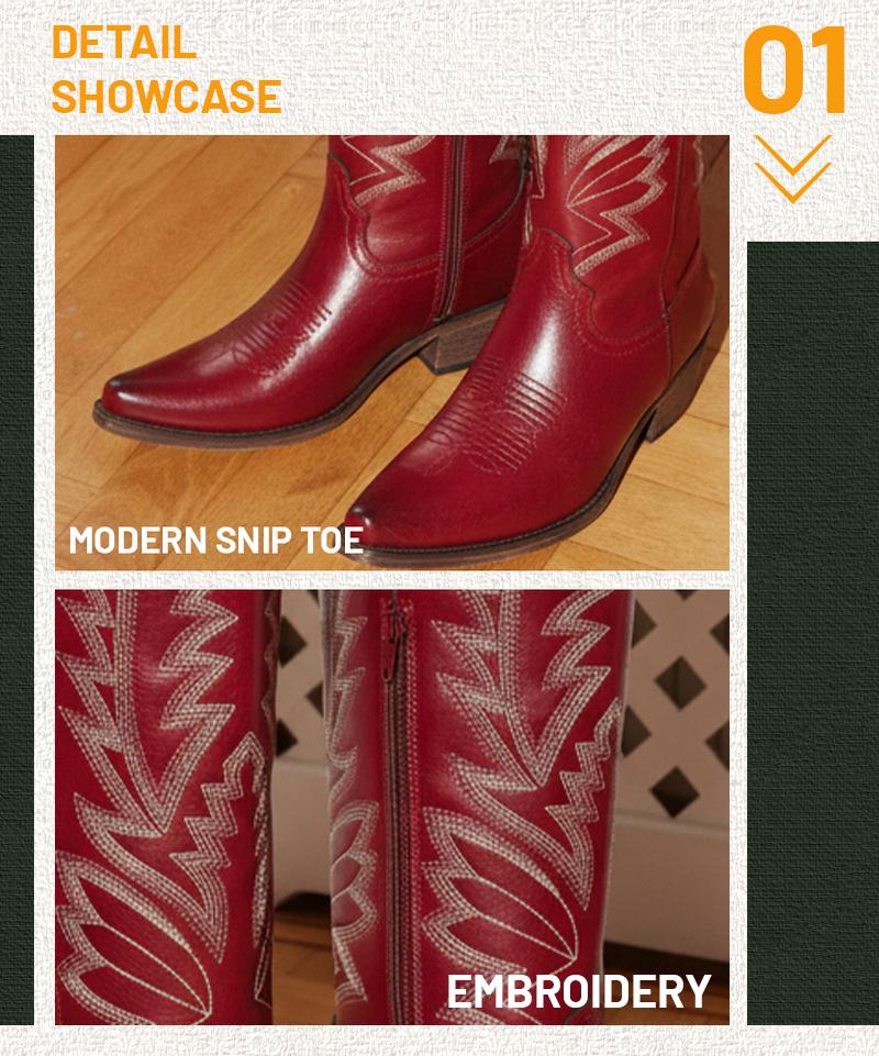 REDTOP Western Style Knee High Cowgirl Boots with Embroidered Design for Women Side Zipper Snip Toe Comfortable Western Style