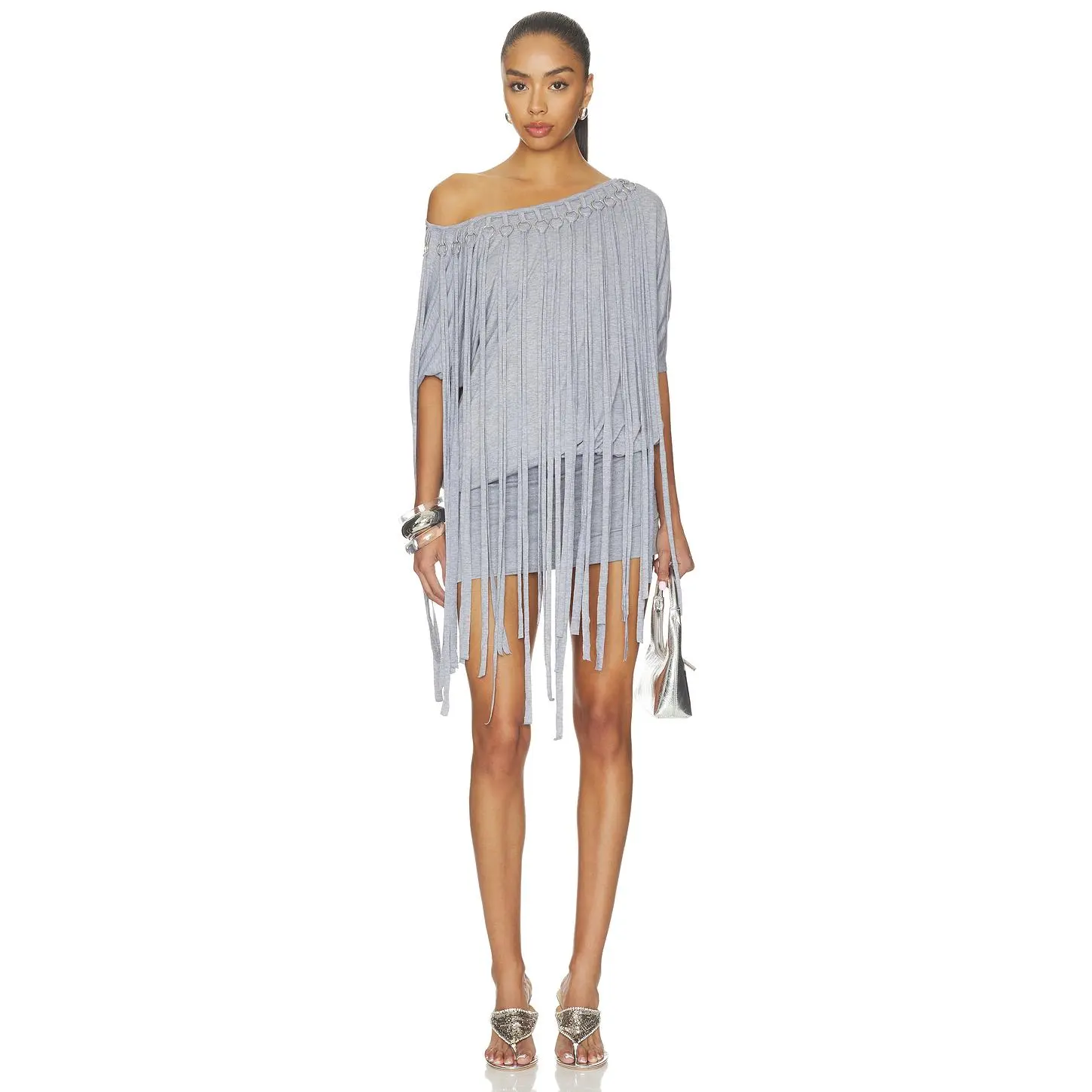 Jaded London Ophidian Fringe Jersey Mini Dress in Grey Marl