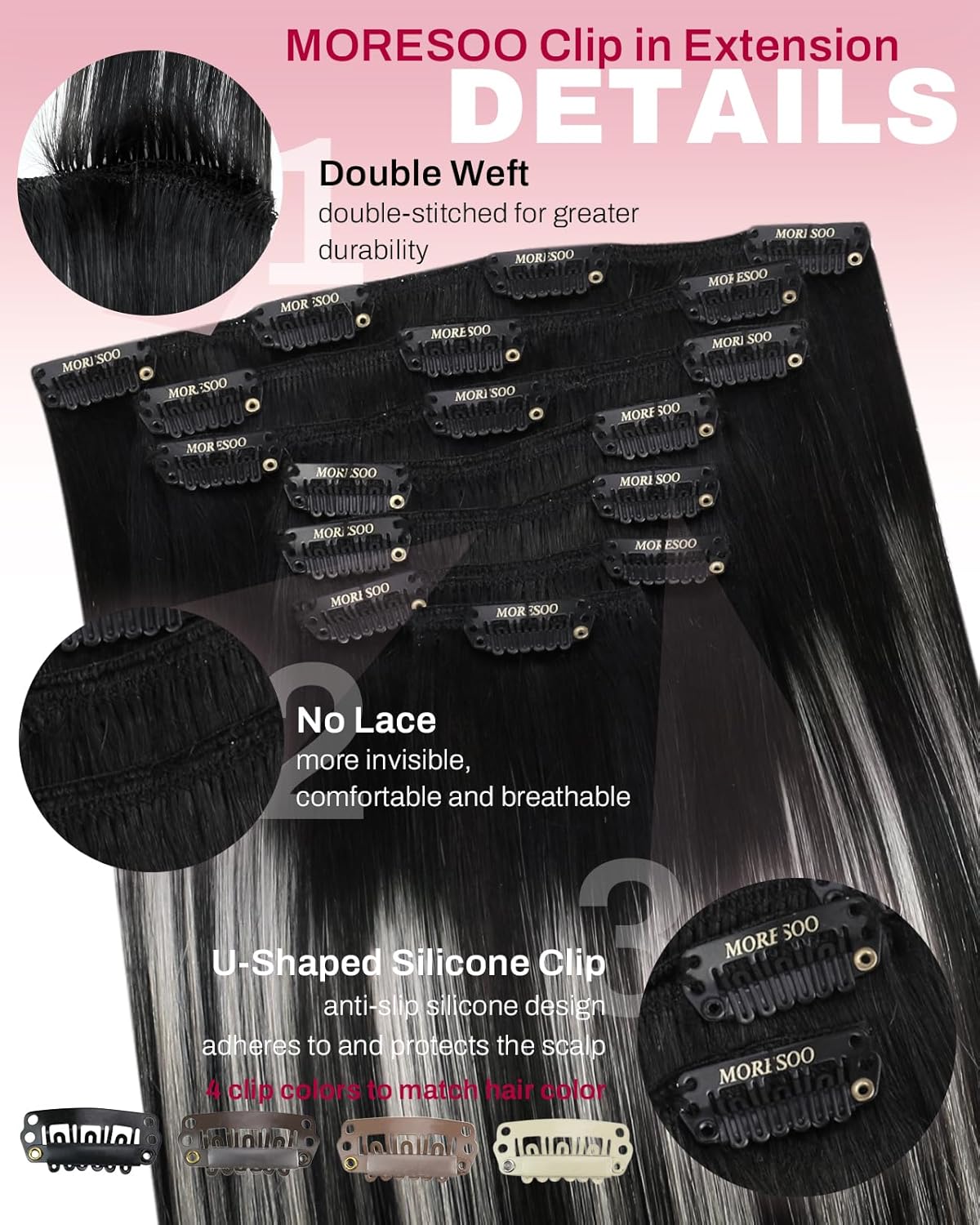 MORESOO Clip-in Hair Extensions Remy Human Hair Natural Straight 10-28inch Invisible Seamless Color Blend Easy Wear Black Hair Clip on for Women SpringStatements