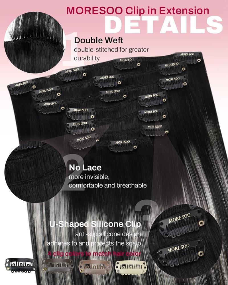 MORESOO Clip-in Hair Extensions Remy Human Hair Natural Straight 10-28inch Invisible Seamless Color Blend Easy Wear Black Hair Clip on for Women