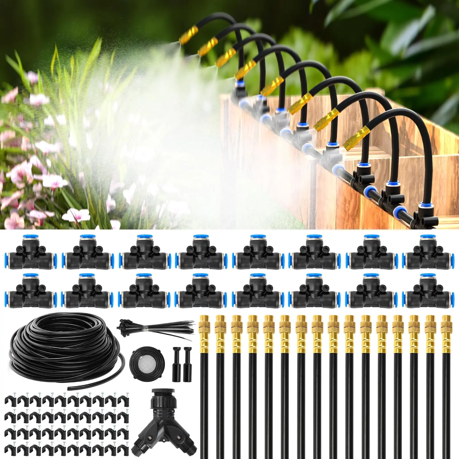 100Ft 1/4" Drip Irrigation System,Upgrade Garden Irrigation Kit with 16Pcs Adjustable Copper Nozzles,Automatic Atomizing Watering Sprinkler System for Outdoor,Raised Bed,Lawn,Greenhouse,Tools & Hardware