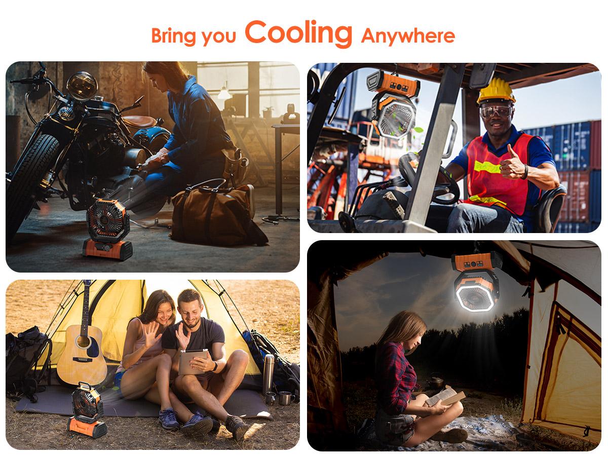 OGERY Rechargeable Camping Fan with LED Light, Portable Multi-functional Fan with 360° Rotating Hook, Oscillating Emergency Camping Fan Cordless Rotatable Battery Powered Lightweight