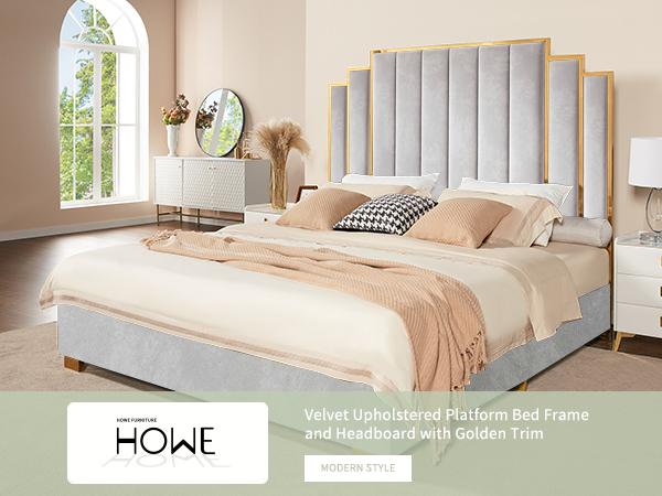 VanAcc Bed Frame and 65" Headboard, Upholstered Bed with Golden Plating Trim, Modern Platform Bed No Box Spring Needed/Christmas Gift