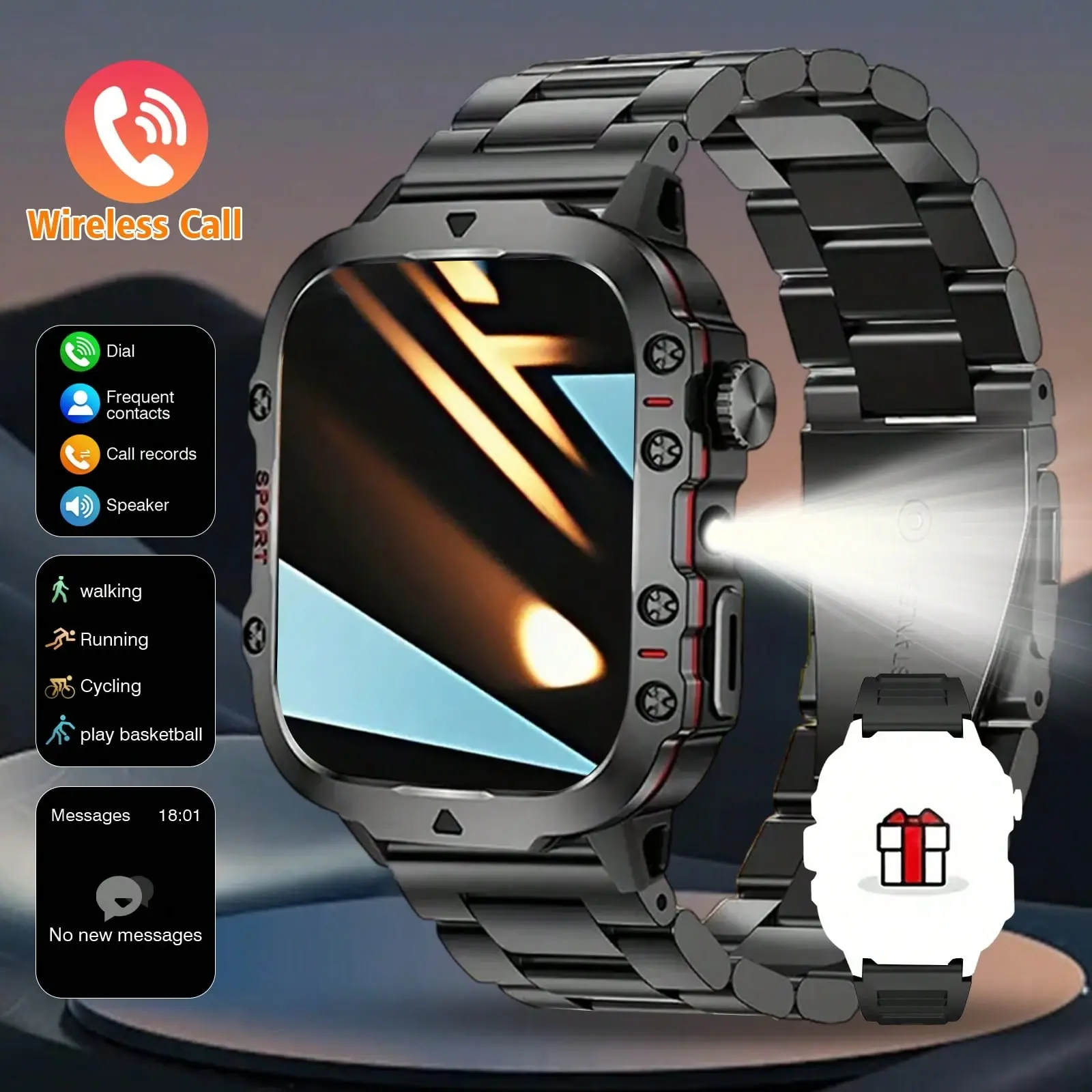 New 2026 manly style Smart Sports Watch With LEDLights Wireless Calling, Message Reminders,Sports Mode, Voice Assistant, Weather Push,Stopwatch, Timer, Stopwatch And OtherFunctions, Smartwatch For Men, CompatibleWith Android And iPhone Phones