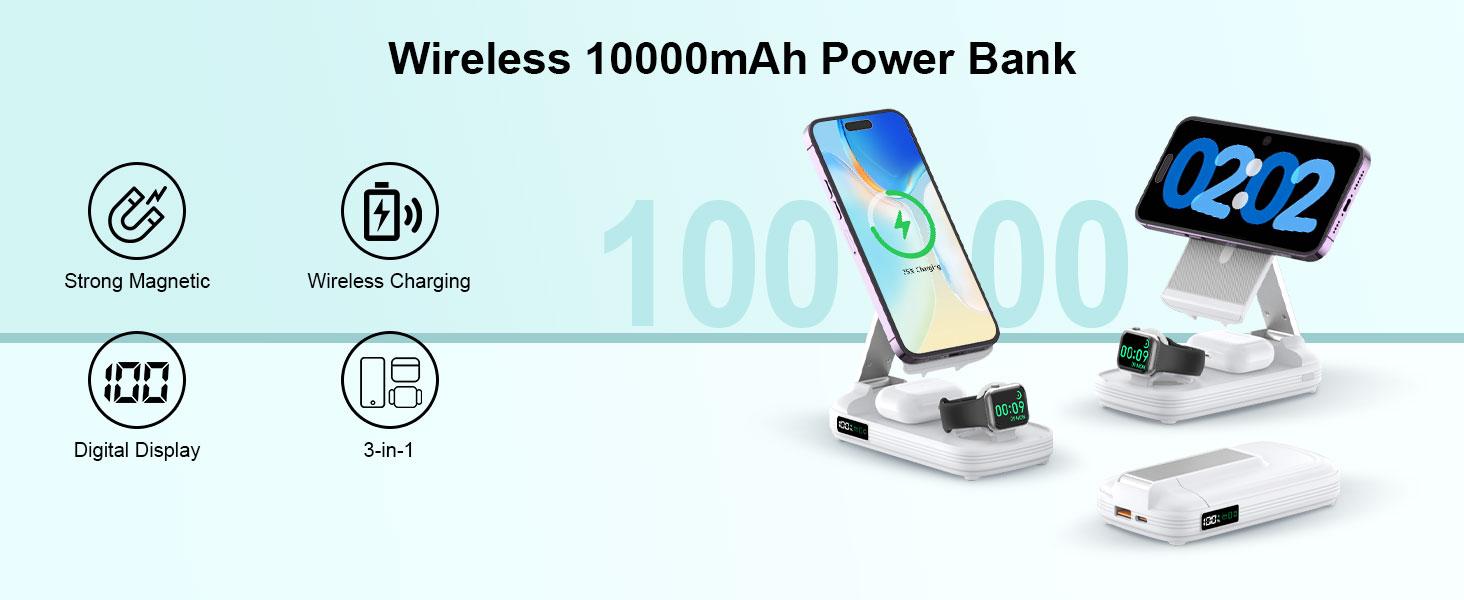 3-in-1 Foldable Wireless Power Bank, 10000mAh Magnetic Power Bank with Adjustable Phone Stand, Fast Charger, Portable Wireless Charger with Digital Display for iPhone 17 / 16 / 15 / 14 / 13 / 12 Series & Earbuds & Apple Watch mothersdaygift