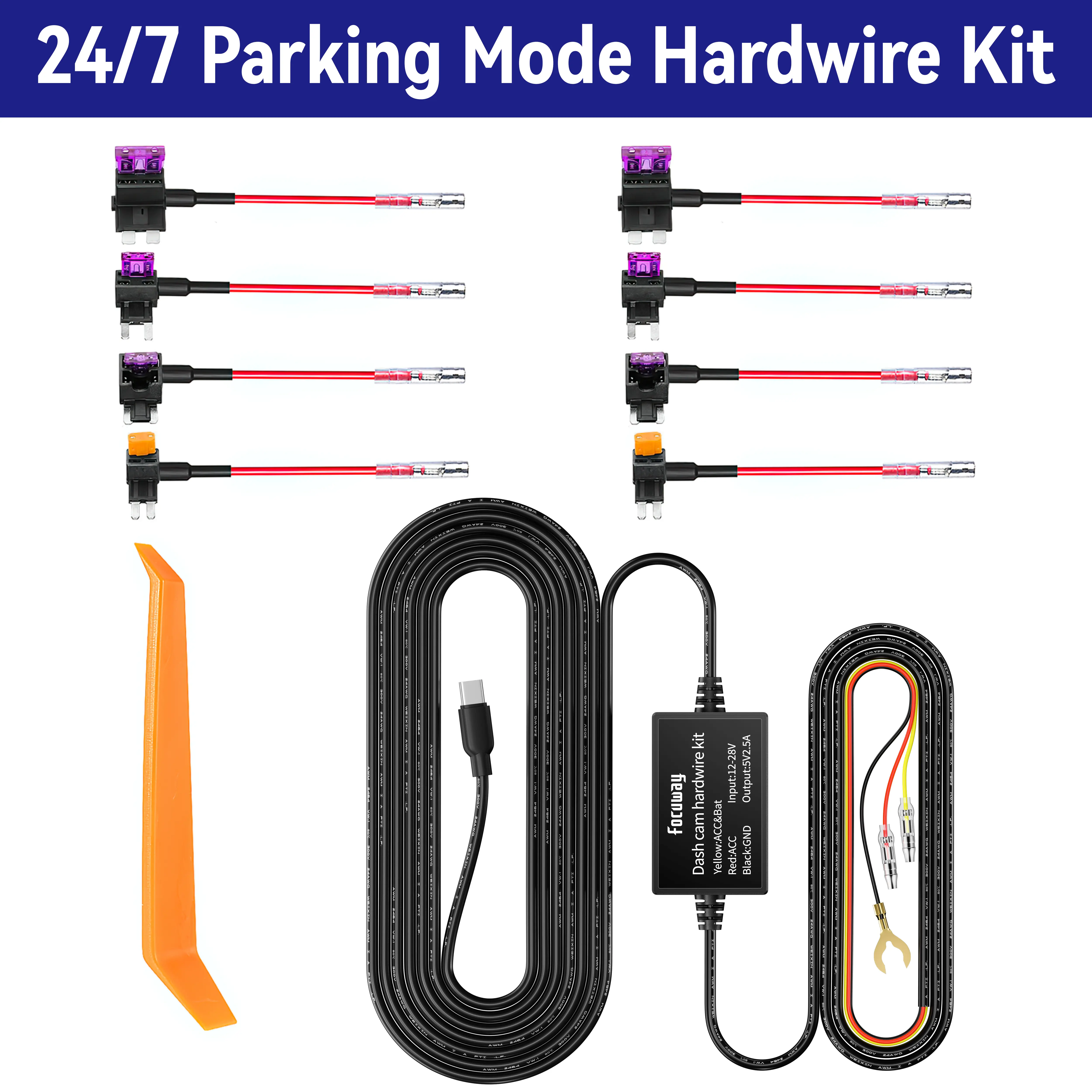 【24/7 Parking Mode Hardwire Kit】Dash Cam Hard Wire Kit for IIWEY N5/N5 Pro/Q7/D2 Duo/L7/N6/N6 Pro/C3 Pro/C4 Pro//D4 Duo/T1 Pro Model, 4 Meter Dashboard Camera CarCharger Cable Kit, 12V- 24V to 5V,3A Power Adapter withLP/Mini/ATO/Micro2 Fuse for Dash Cam